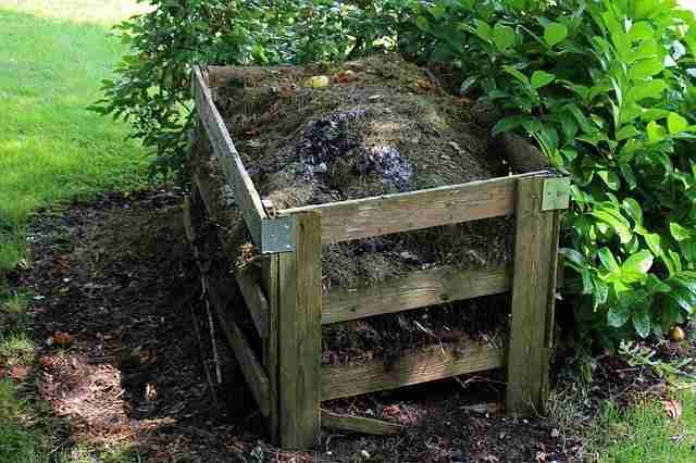 typical wooden board homemade compost heap filled with organic material 