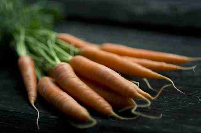 a bunch of washed straight carrots with their tops on